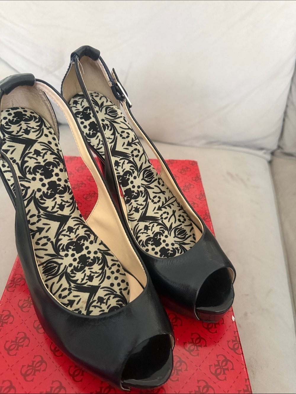 Guess Black Peep-Toe Slingback Heels